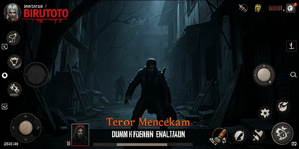 Screenshot gameplay menegangkan dari BIRUTOTO saat menjelajah kegelapan.