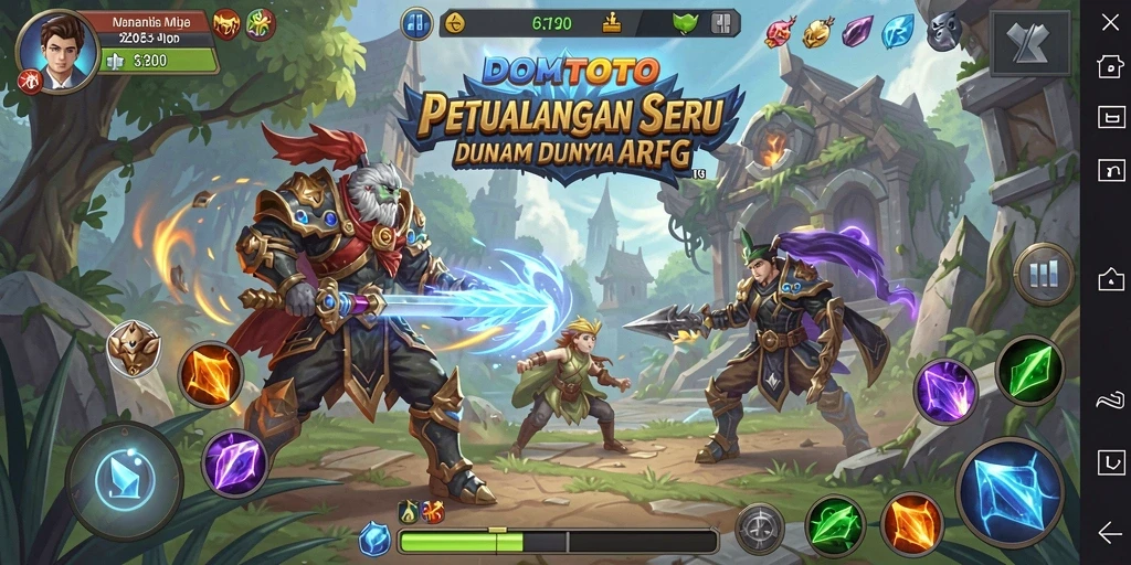 Screenshot DOMTOTO menampilkan pertarungan seru di dunia fantasi.