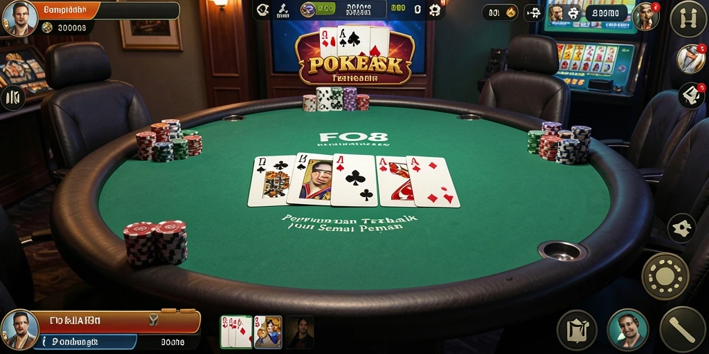 Screenshot gameplay FO8 menunjukkan aksi seru poker yang mendebarkan.