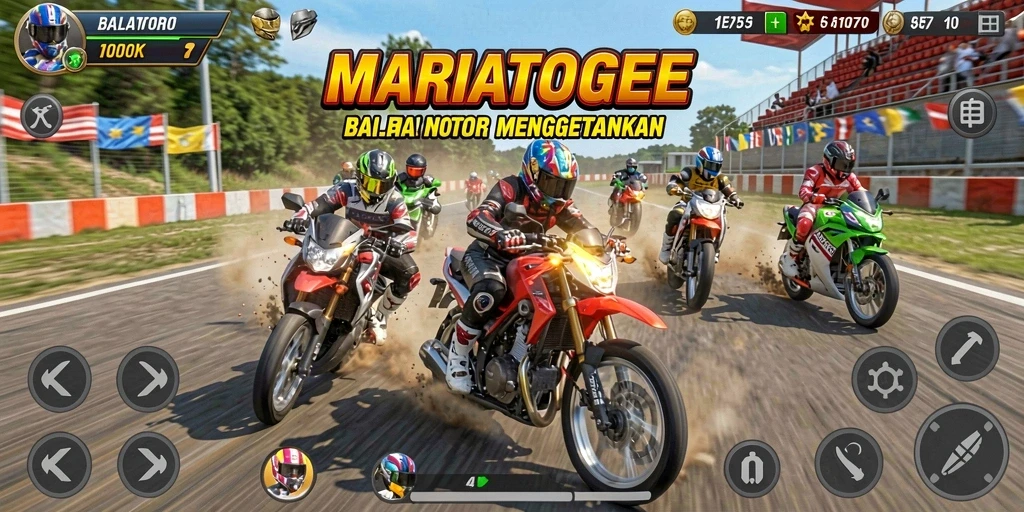 Gameplay seru MARIATOGEL dengan balapan motor yang mendebarkan.