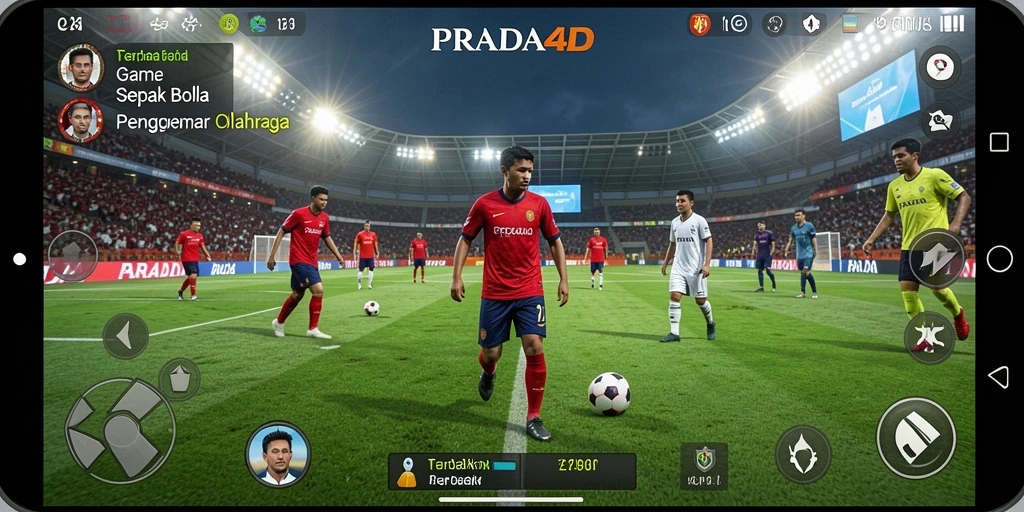 Screenshot gameplay PRADA4D yang menunjukkan aksi seru di lapangan sepak bola.