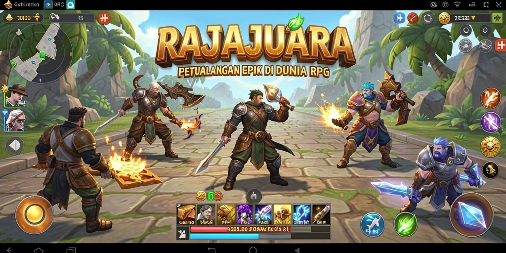 Screenshot gameplay RAJAJUARA menampilkan pertarungan epik dan dunia yang luas.