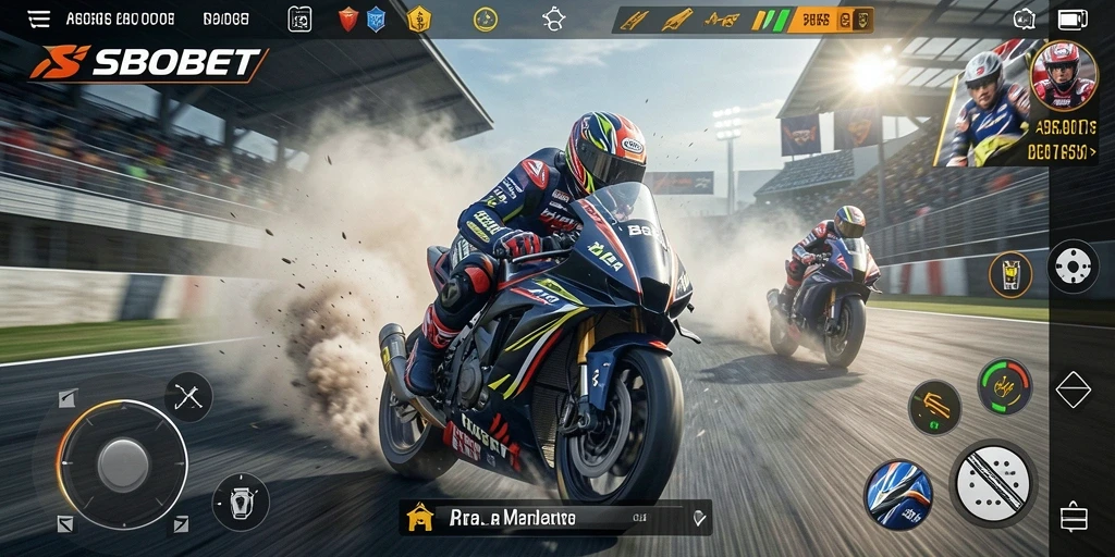 Tangkapan layar utama SBOBET menampilkan aksi balap motor yang mendebarkan.
