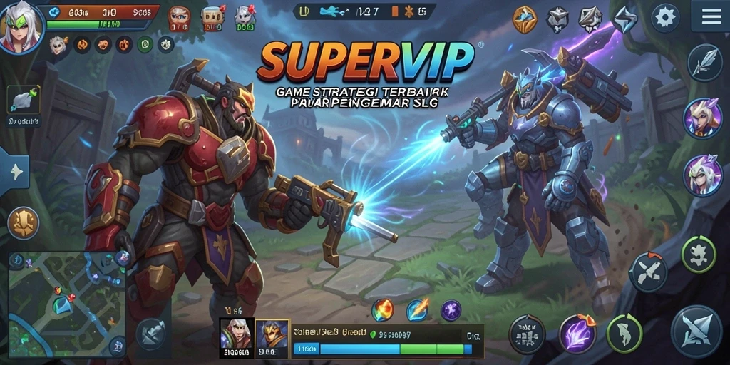 Tangkapan layar utama SUPERVIP menampilkan pertempuran strategi yang mendebarkan.