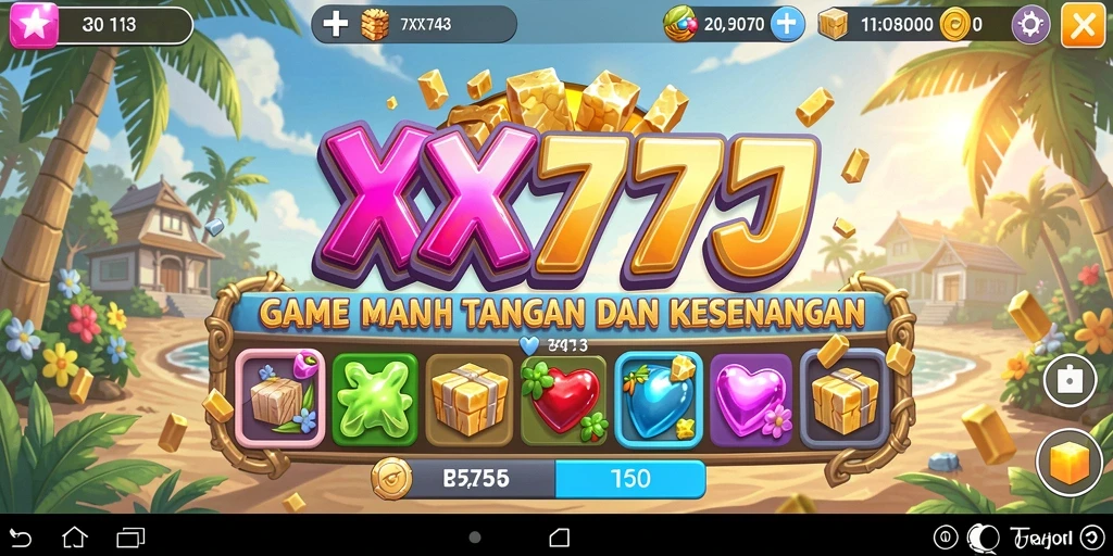 Screenshot XXX777 menampilkan gameplay Match-3 yang seru dan penuh warna.