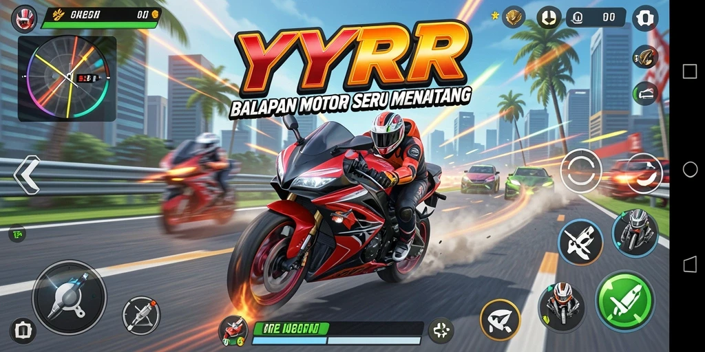 Tampilan gameplay <strong>YYRR</strong> yang menegangkan dan penuh aksi balapan motor.